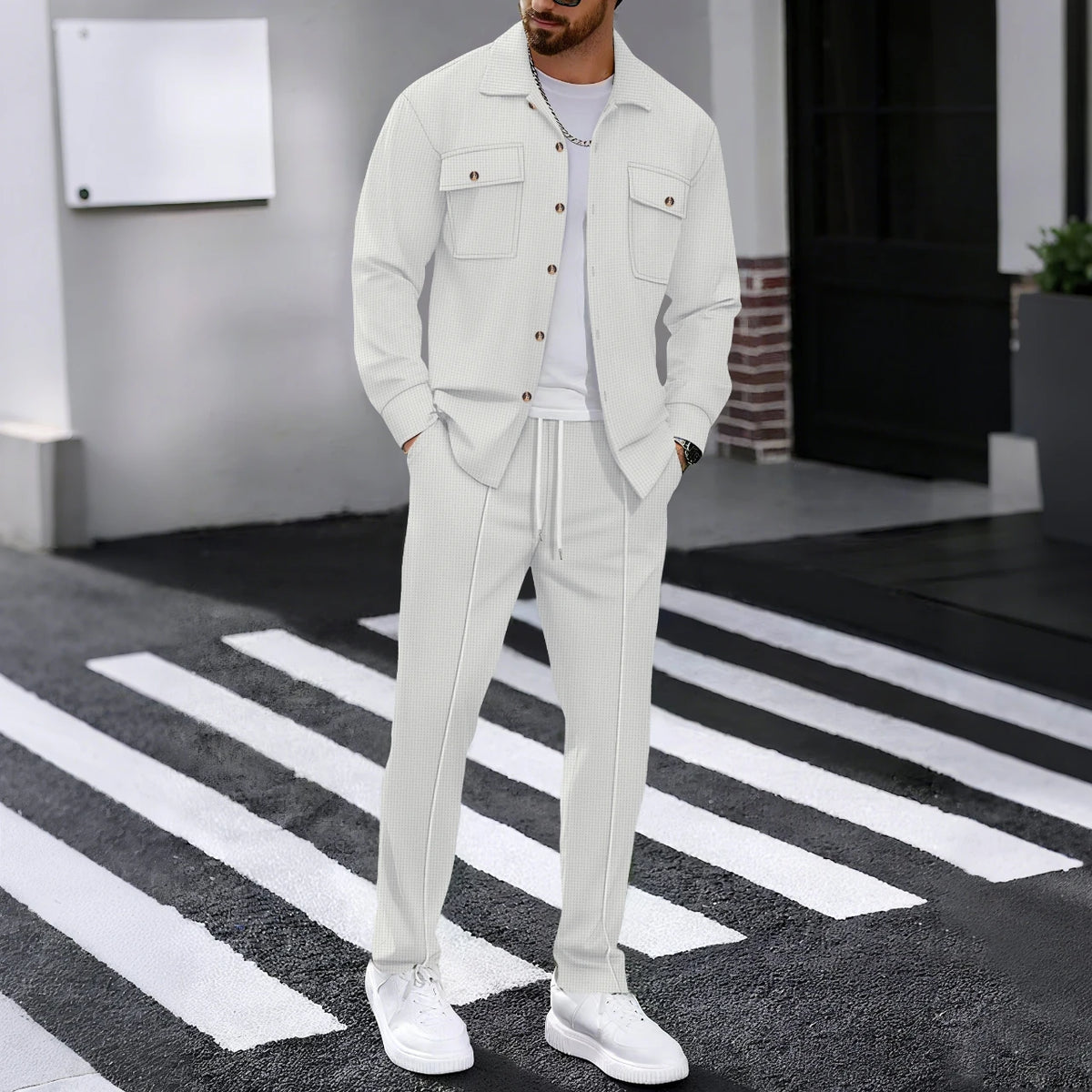 Men's Waffle Check Button Jacket & Pants Set