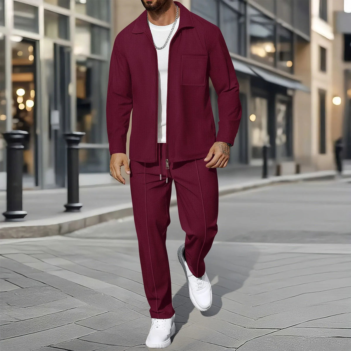 Men's Waffle-Knit Zip Front Lapel Cardigan & Pants Set