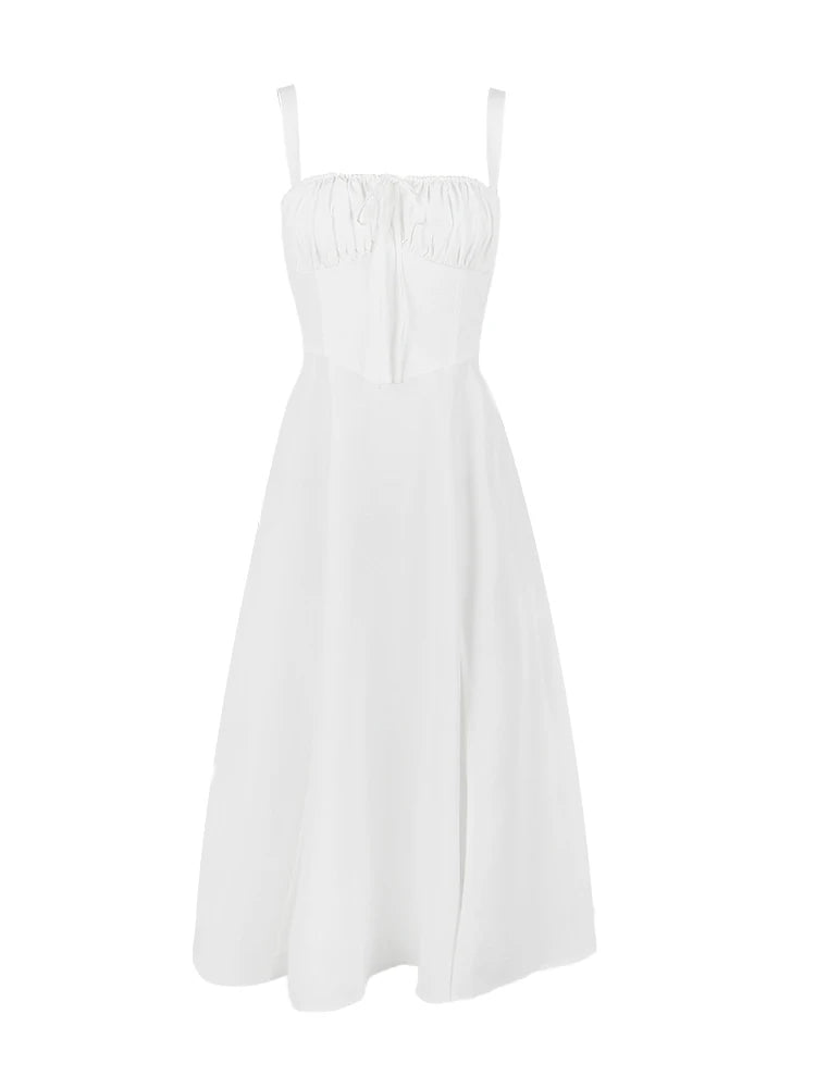 Women's Elegant Lace-Up Corset Midi Dress with Thigh Split