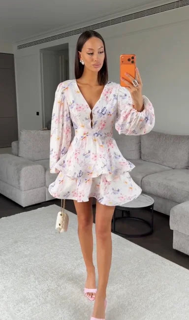 Women's Printed Waistband Puff-Sleeve Satin V-Neck Mini Dress