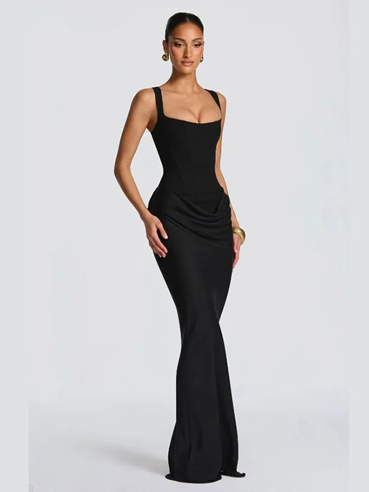 Women Sexy Solid Pleated Strapless Dress Lady Chic Off-shoulder Backless High Waist Split Dresses 2026 New Evening Party Gown