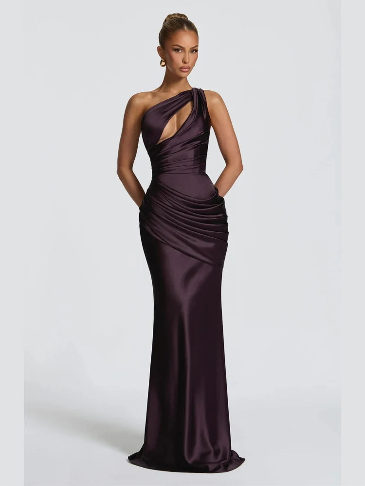 Women's Asymmetrical One-Shoulder Ruched Maxi Dress with Side Slit