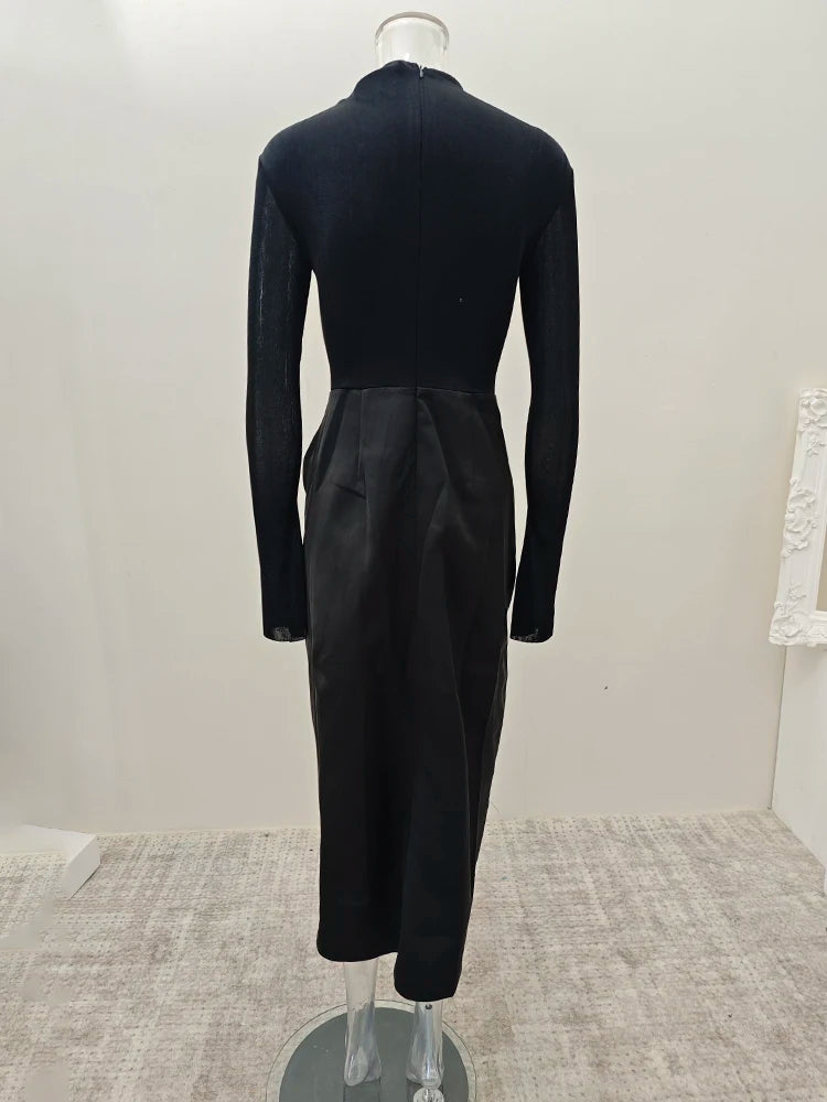 Women's Stand-Collar Metal Buckle Pleated Asymmetrical Evening Maxi Dress