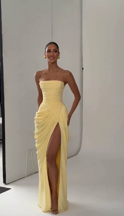 Women Sexy Solid Pleated Strapless Dress Lady Chic Off-shoulder Backless High Waist Split Dresses 2026 New Evening Party Gown