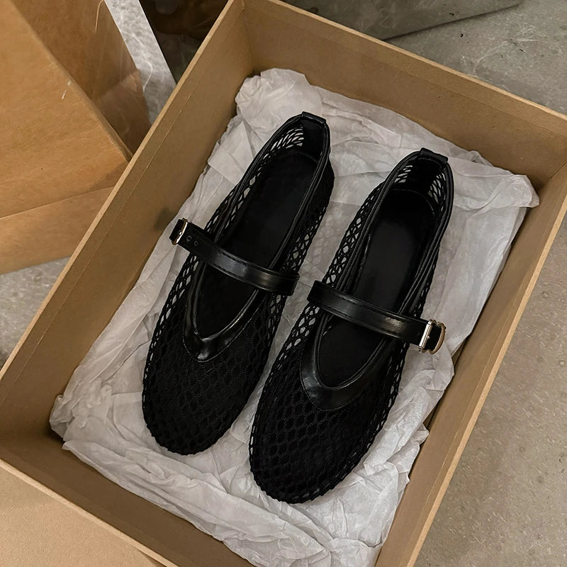Women's Summer Cut-Out Mary Jane Fishnet Flats | Casual Round-Toe Buckle Shoes