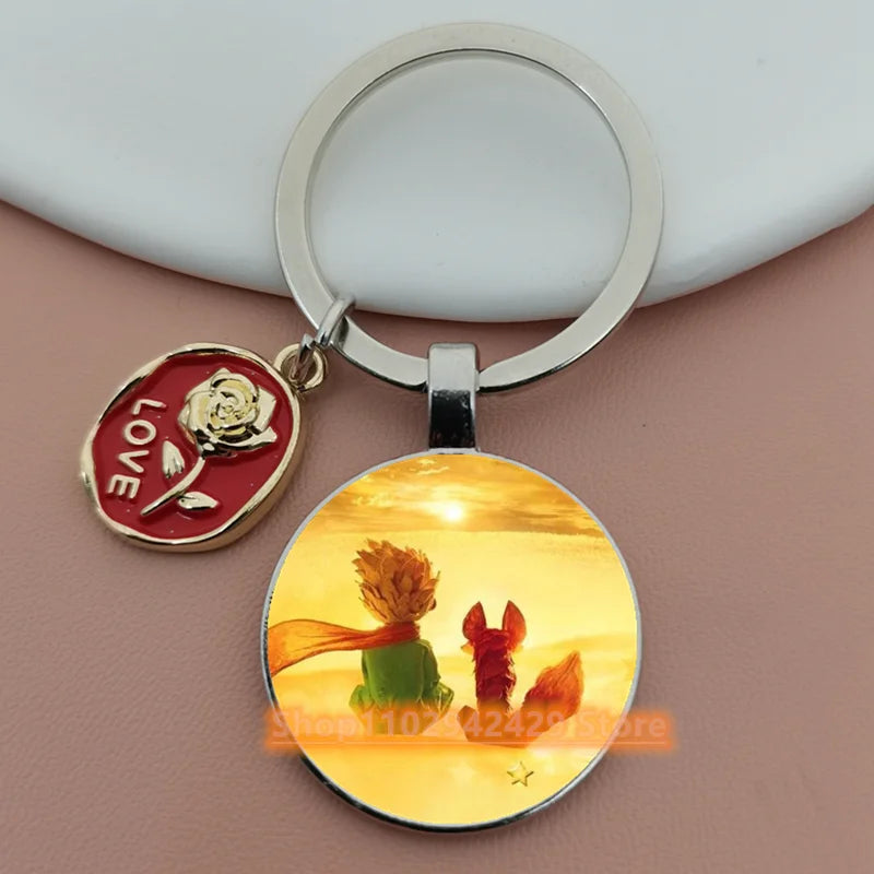 Little Prince Round Glass & Enamel Rose Keychain | DIY Handcrafted Car Keyring & Bag Charm