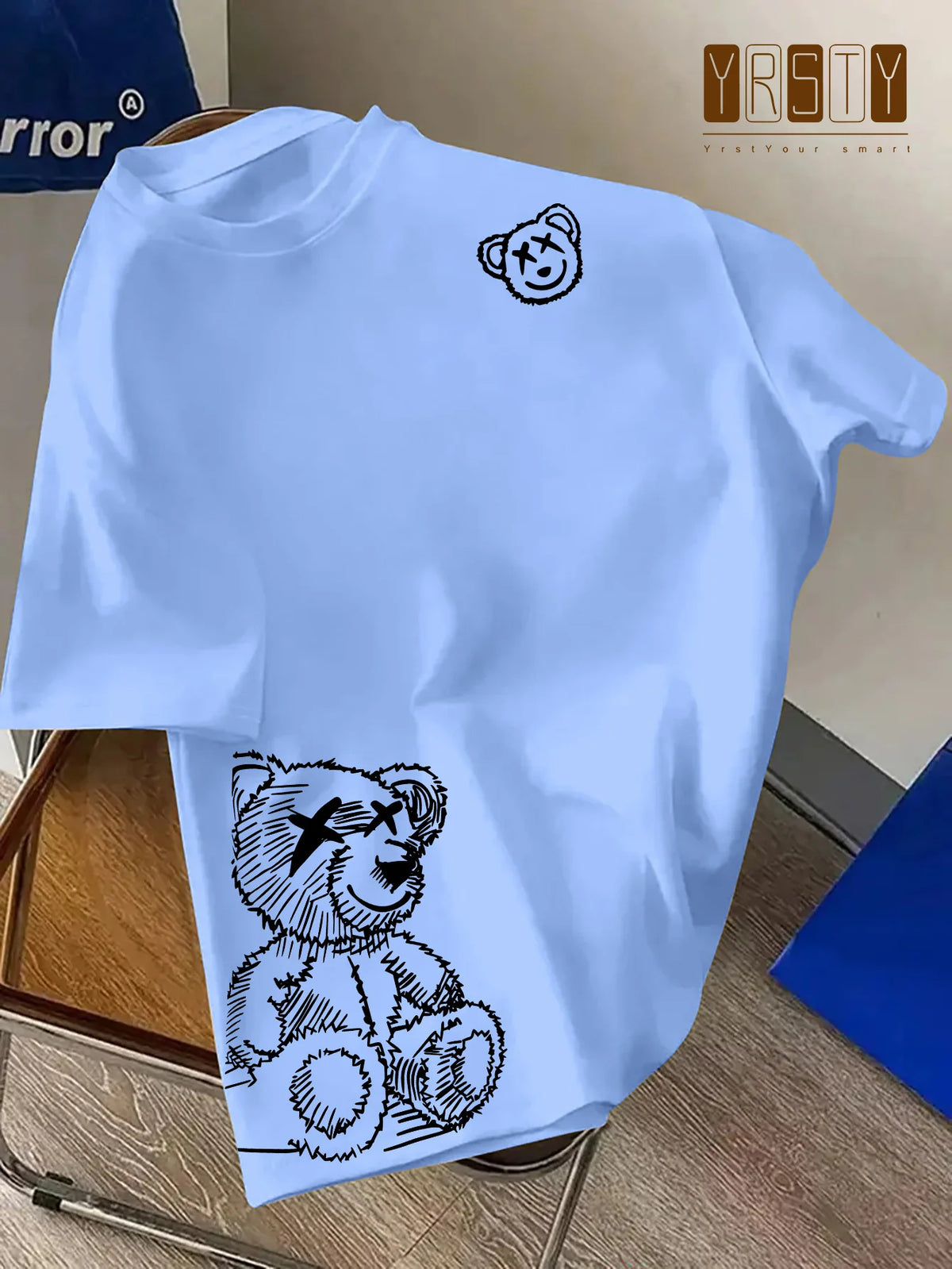 Men's 100% Pure Cotton Cartoon Bear Pattern Printed Casual Loose round Neck Short Sleeved T-Shirt Fashionable Sports Top