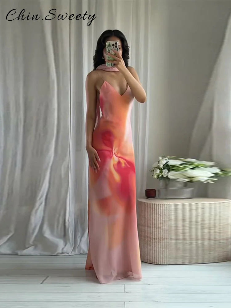 Women's Tie-Dye Print Ribbon V-Neck Sleeveless Sling Maxi Dress