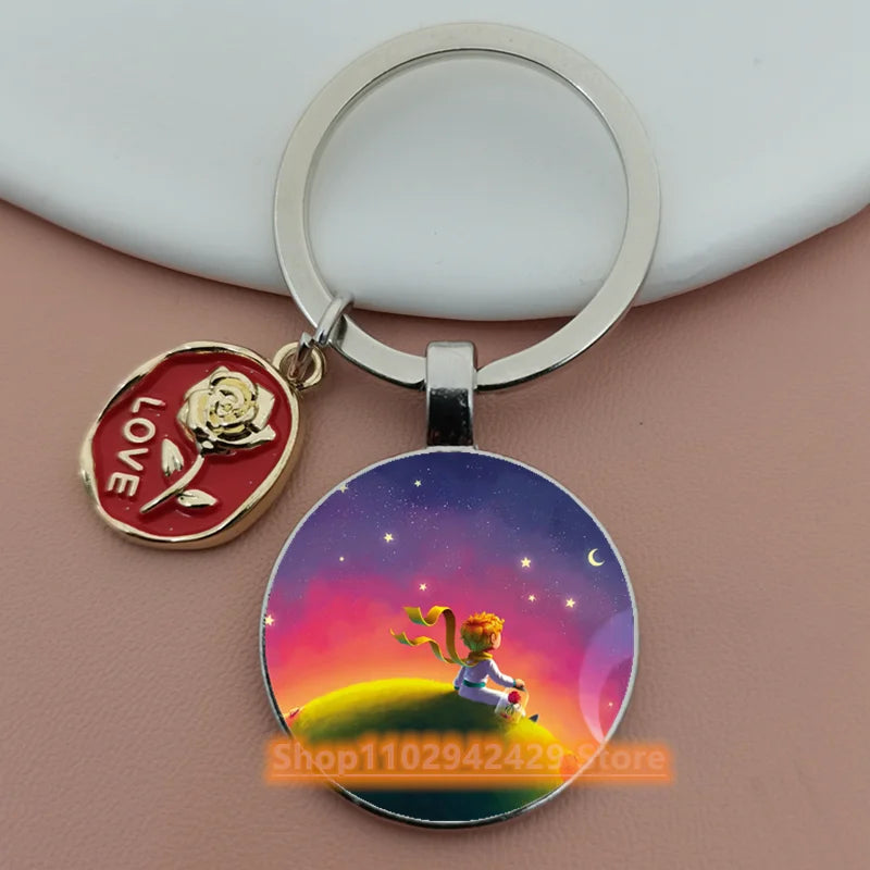 Little Prince Round Glass & Enamel Rose Keychain | DIY Handcrafted Car Keyring & Bag Charm