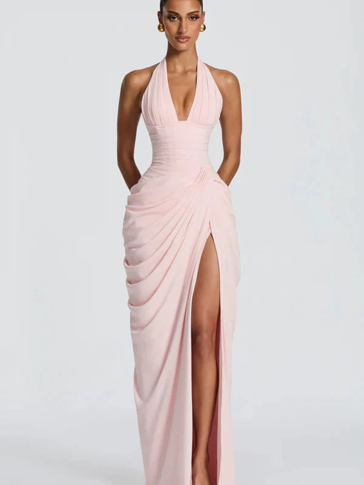 Women's Asymmetrical One-Shoulder Ruched Maxi Dress with Side Slit