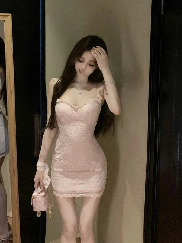 Sexy Lace Splice ort Sve  Dr Pure Desire Bodycon Summer Faion A-Line Skirt Gentle Sle Single Piece 2025 New