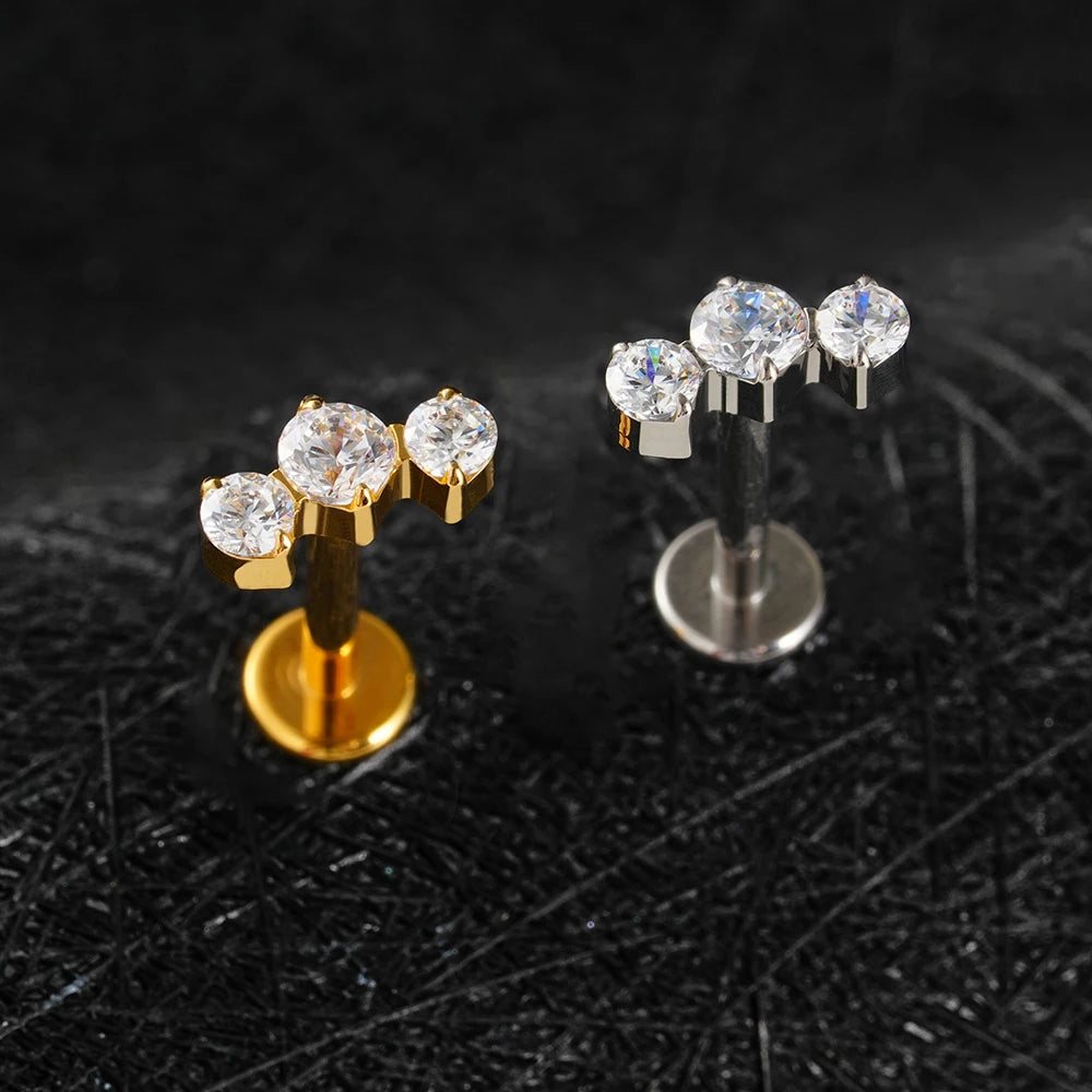 ASTM F136 Titanium 16G Triple CZ Cluster Flat Back Labret Piercing