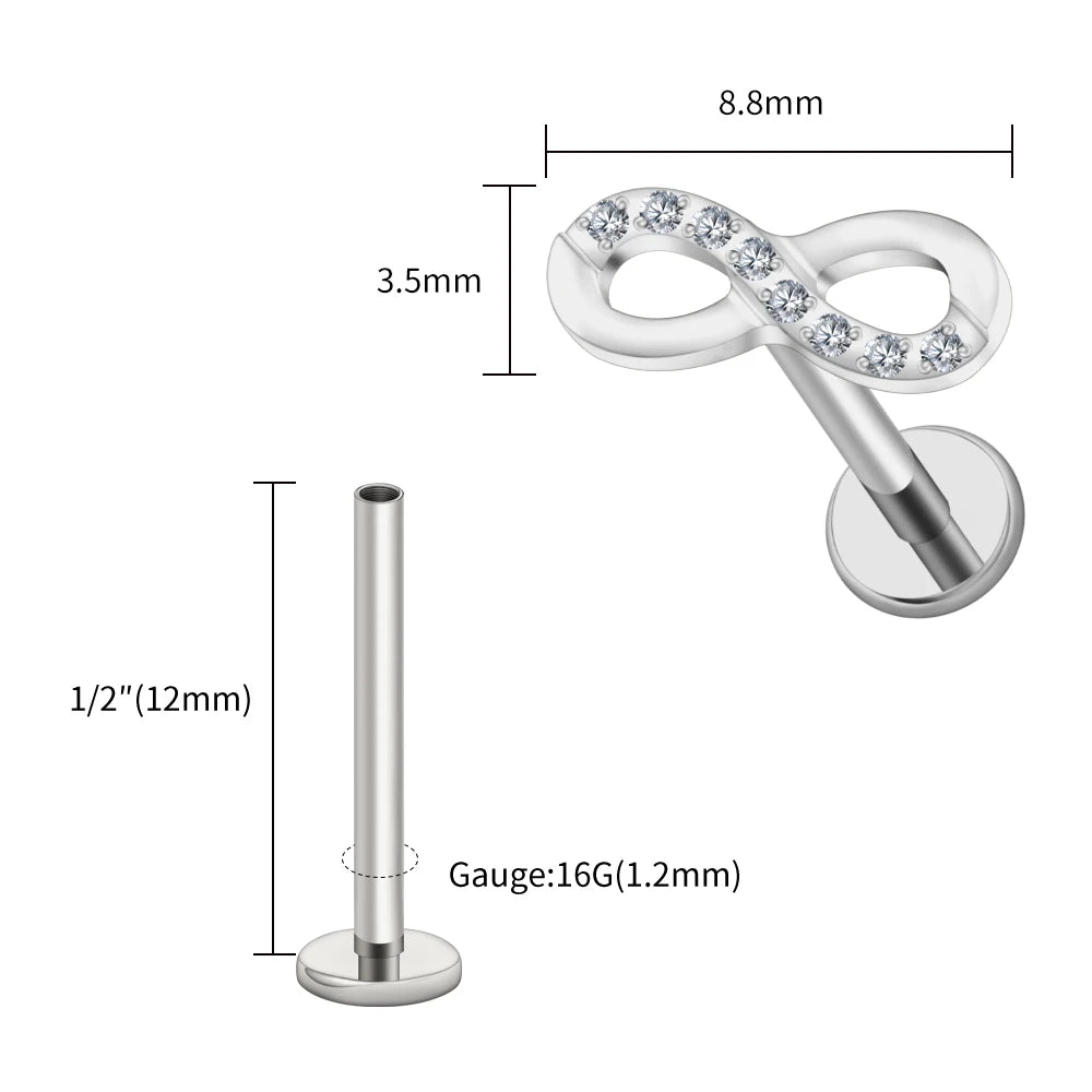 Right Grand ASTM F136 Titanium CZ Infinity Symbol Stud Earring 16G Cartilage Helix Tragus Stud Flat Back Labret Piercing Jewelry