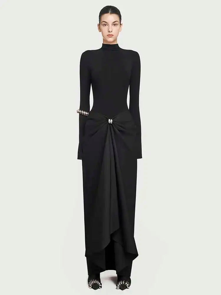 Women's Stand-Collar Metal Buckle Pleated Asymmetrical Evening Maxi Dress
