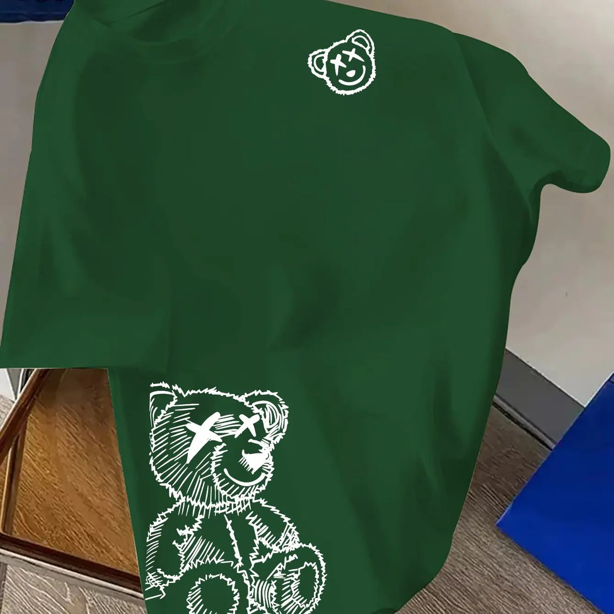 Men's 100% Pure Cotton Cartoon Bear Pattern Printed Casual Loose round Neck Short Sleeved T-Shirt Fashionable Sports Top
