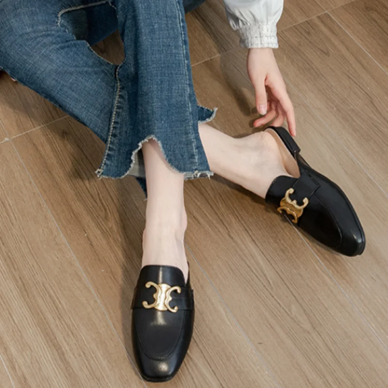Women's Square-Toe PU Leather Mules with Gold Metal Buckle | Extended Size 41