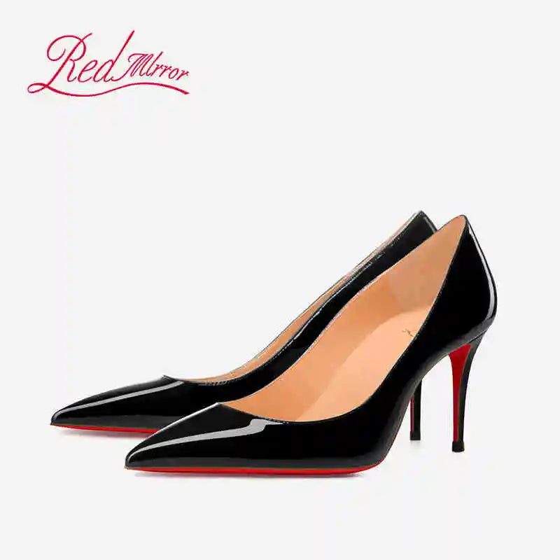 Women's Black Glossy Pointed-Toe Stiletto Pumps with Radiant Red Outsoles