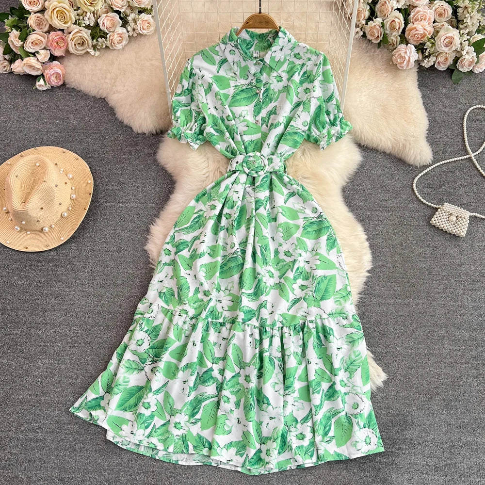 Retro Bubble Sve  Collar Slim Fit Midi Dr Floral Print ort Sve Women's Korean Sle Commute High Waist irt D...