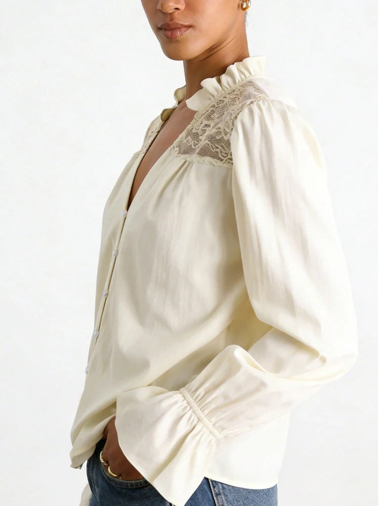 Fall 2026 New Arrival: Elegant Women's Patchwork Lace Long-Sleeve Shirt for Everyday Wear and Lounging at Home