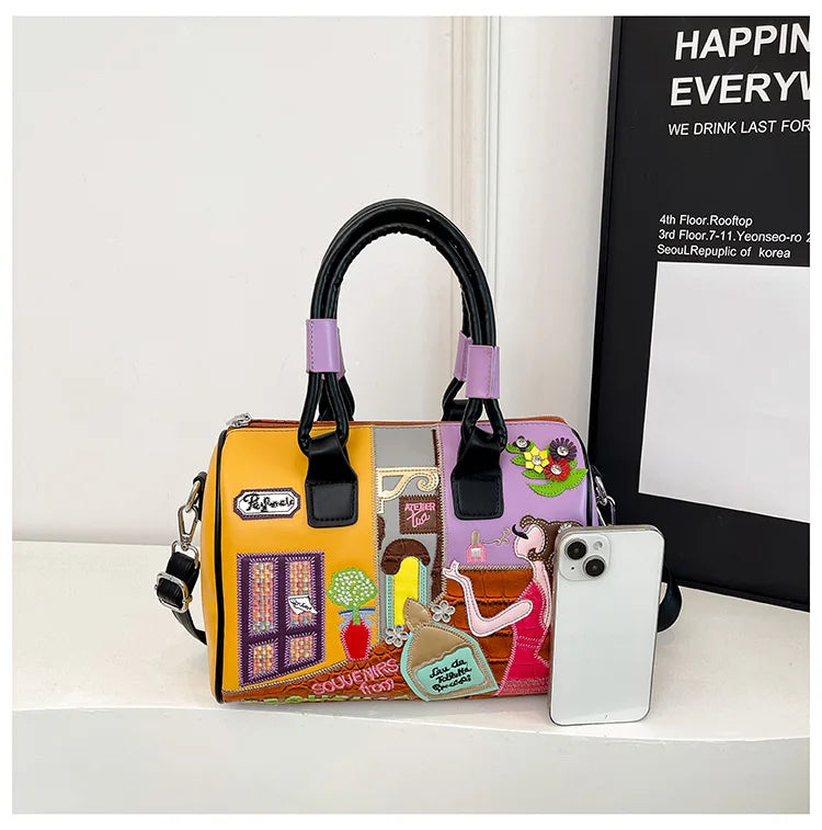 Women's Retro Patchwork Printed PU Leather Shoulder Bag