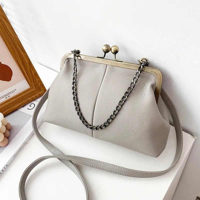 Women's Vintage Kiss-Lock PU Leather Chain Crossbody & Shoulder Bag