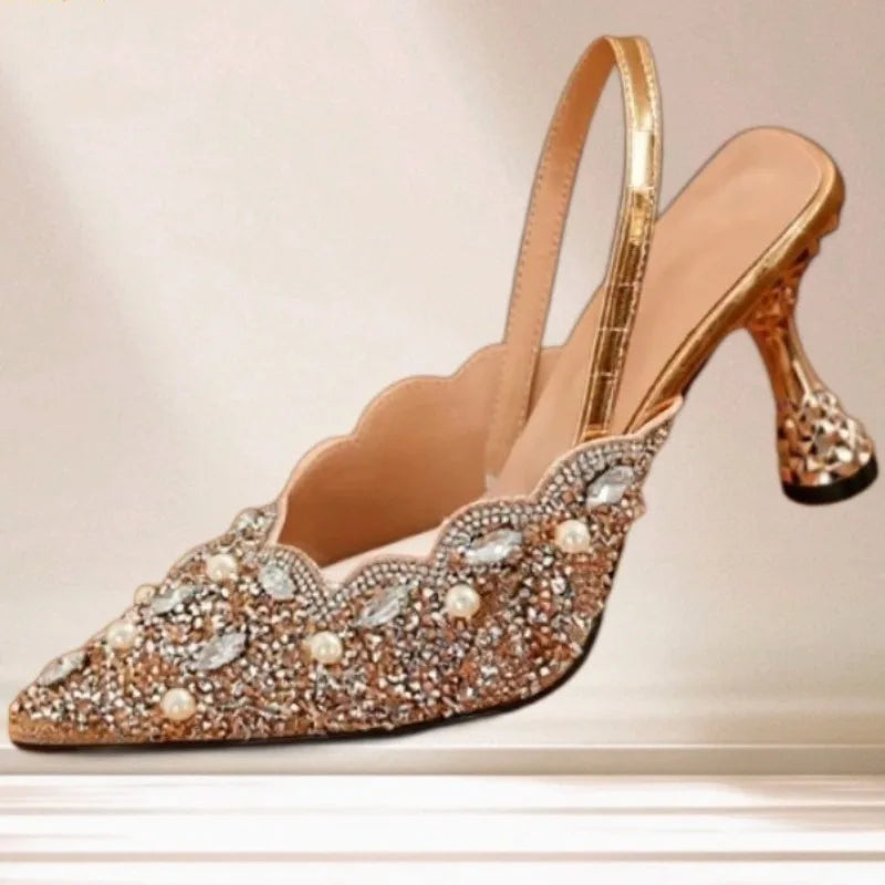 Women's Rhinestone Slingback High Heel Sandals | Elegant Pointed-Toe Banquet Dress Shoes