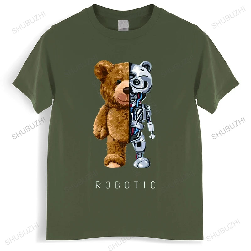 Men’s Robotic Teddy Bear Graphic T-Shirt – 100% Cotton Streetwear Tee
