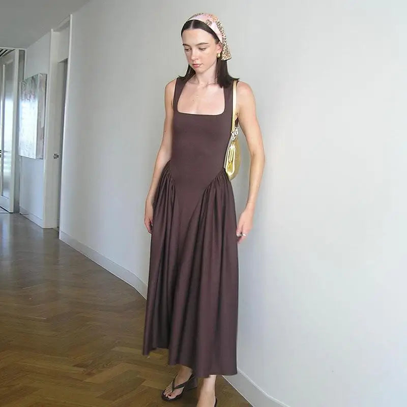 Elegant Square Neck Midi Dress For Women Elegant Solid Sleeveless High Waist Long Dress 2025 Summer Holiday Evening Vestidos