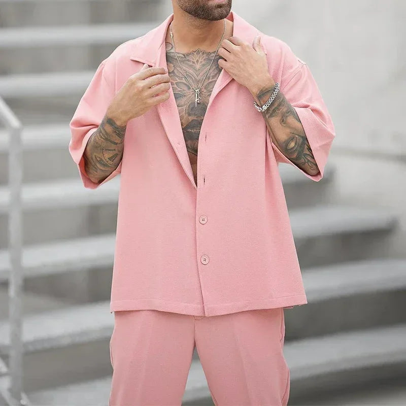 Men’s 2-Piece Short-Sleeve Shirt & Pants Set – Casual Loose Fit Leisure Suit