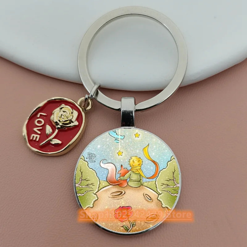Little Prince Round Glass & Enamel Rose Keychain | DIY Handcrafted Car Keyring & Bag Charm