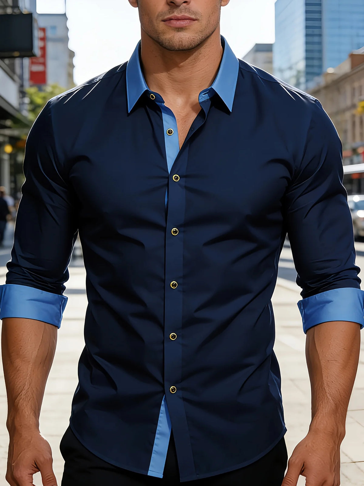 FGKKS Men's Contrast Collar Patchwork Smart Casual Shirt