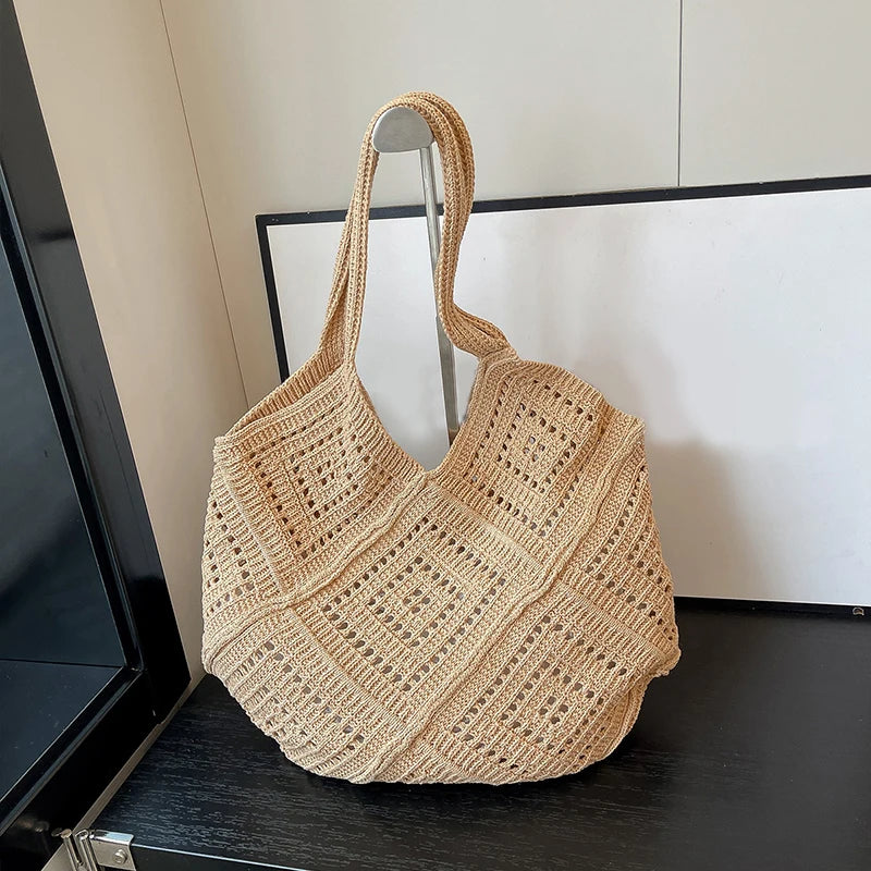Women's Summer Hand-Woven Yarn Hollow-Out Shoulder Tote Bag