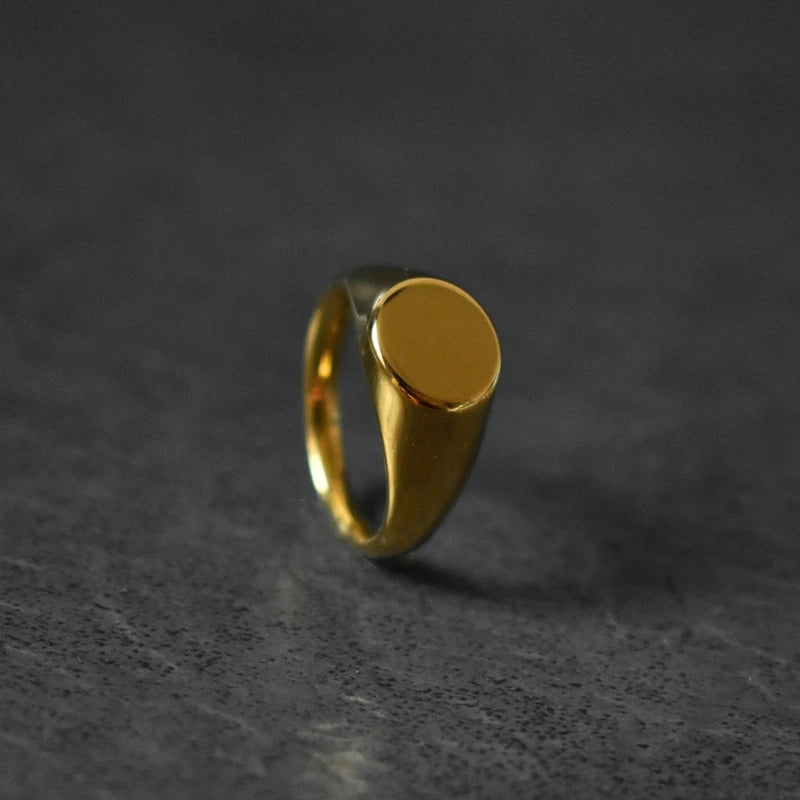 Unisex Gold-Tone Oval Signet Flat Top Stainless Steel Ring