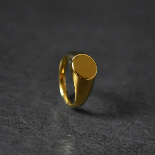 Unisex Gold-Tone Oval Signet Flat Top Stainless Steel Ring