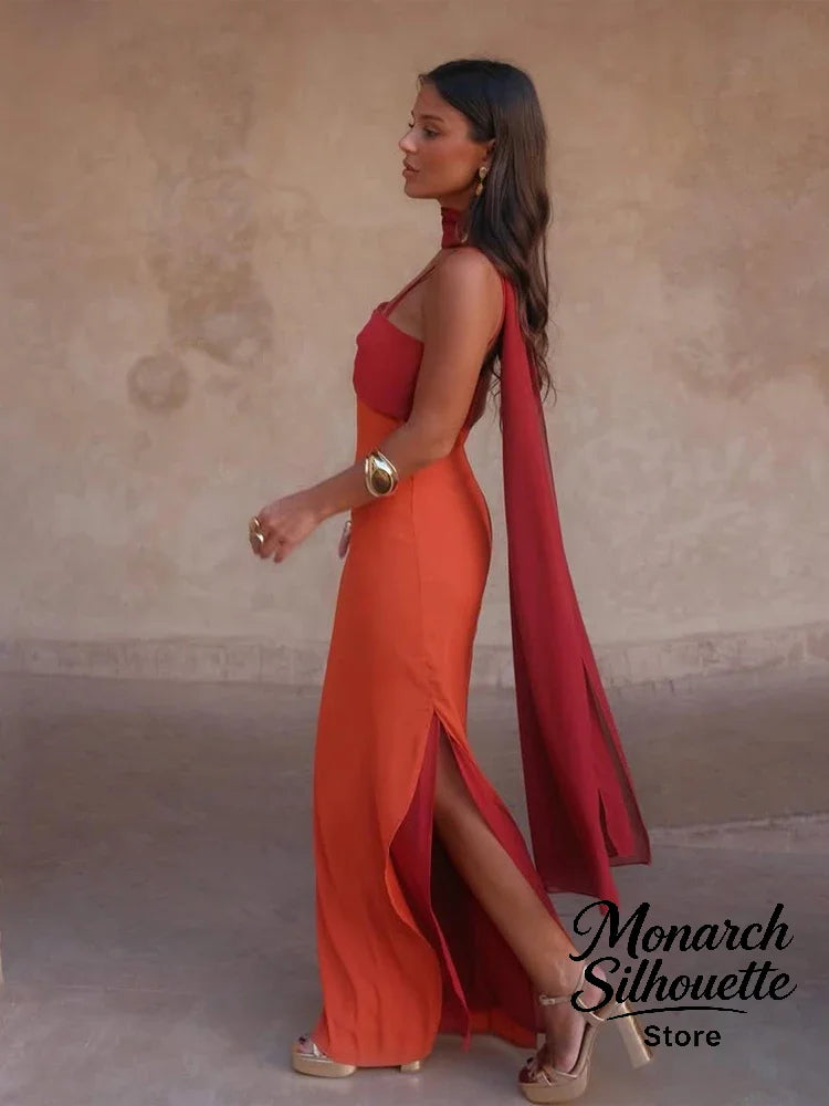 Women's Color-Block Scarf Collar High-Slit Sling Maxi Dress