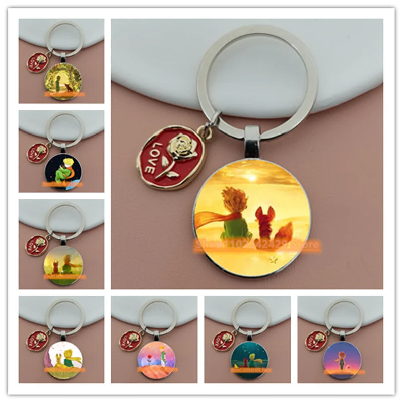Little Prince Round Glass & Enamel Rose Keychain | DIY Handcrafted Car Keyring & Bag Charm