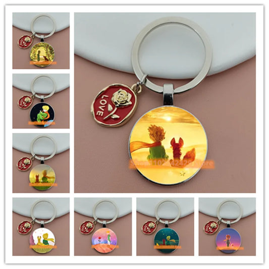 Little Prince Round Glass & Enamel Rose Keychain | DIY Handcrafted Car Keyring & Bag Charm