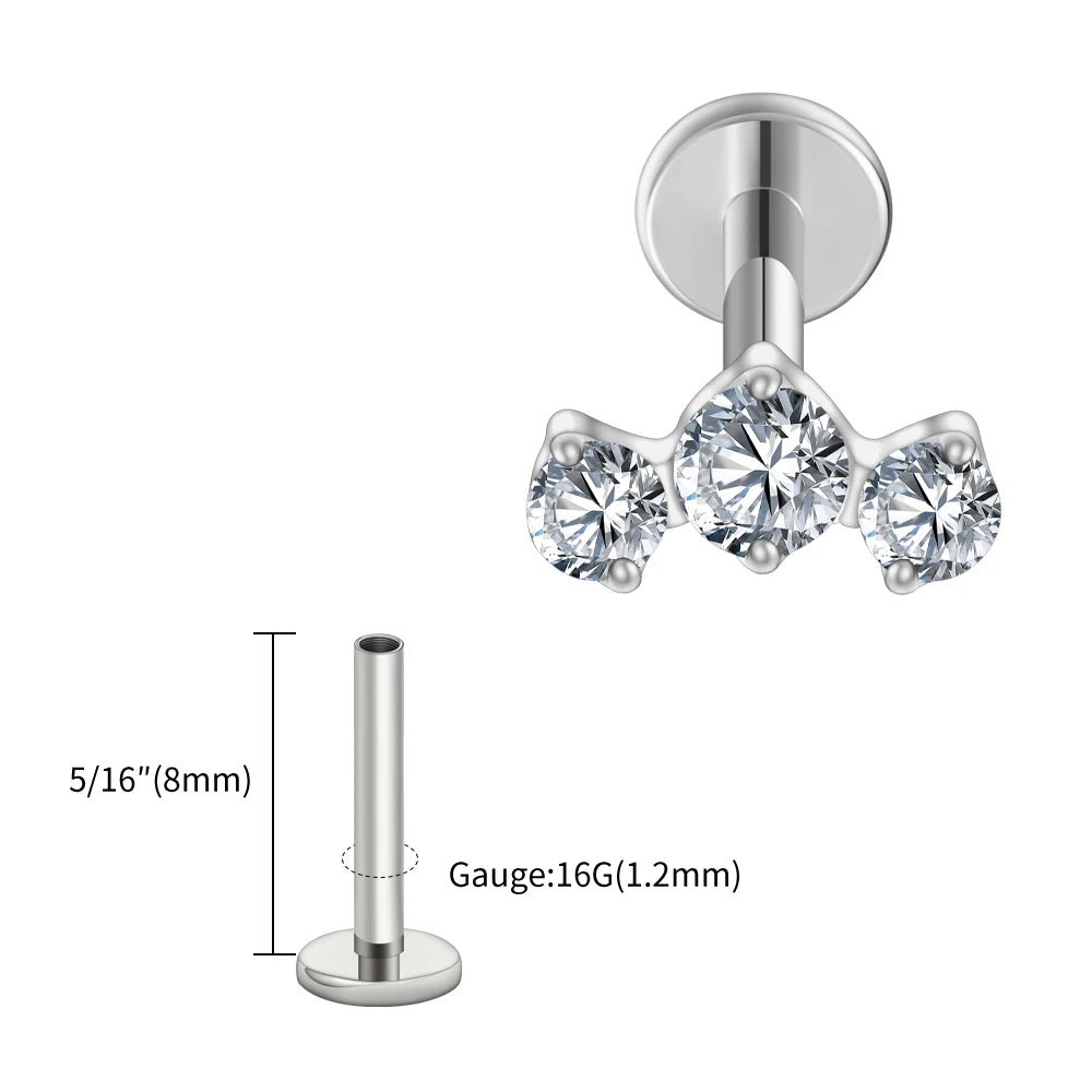 ASTM F136 Titanium 16G Triple CZ Cluster Flat Back Labret Piercing