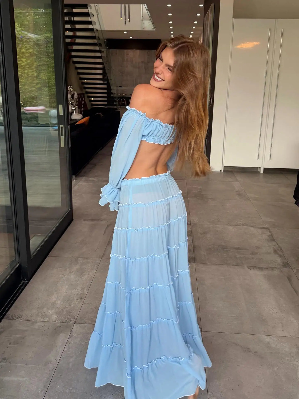 Women's Two-Piece Ruffle Off-The-Shoulder Bandeau & High-Waisted Maxi Skirt Beach Set