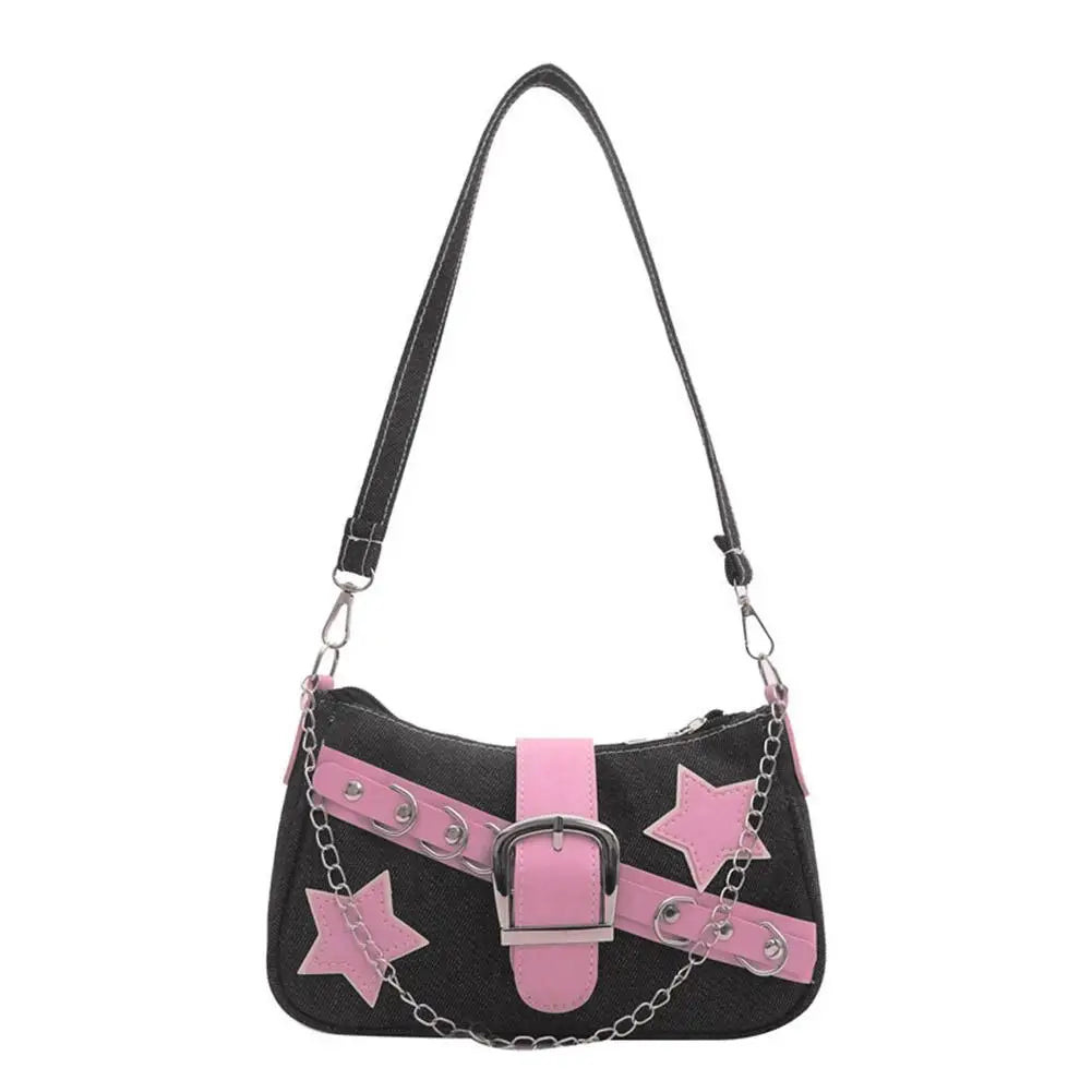 Women's Denim Star Pattern Underarm Bag & Chain Shoulder Hobo Bag