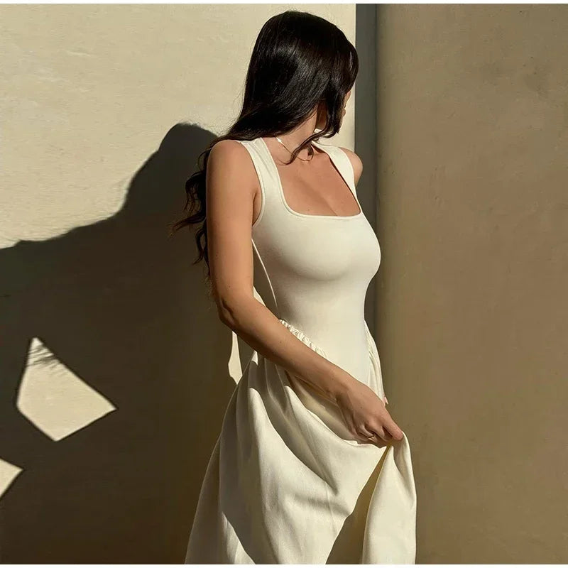 Elegant Square Neck Midi Dress For Women Elegant Solid Sleeveless High Waist Long Dress 2025 Summer Holiday Evening Vestidos
