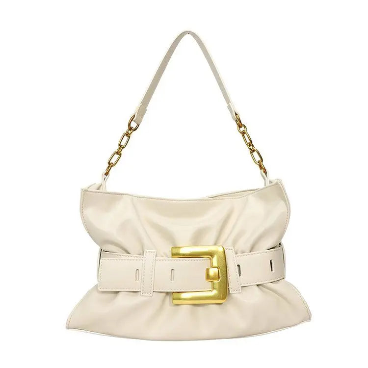 Women's Vintage Soft PU Leather Cloud Pleats Tote Bag with Metal Belt Buckle