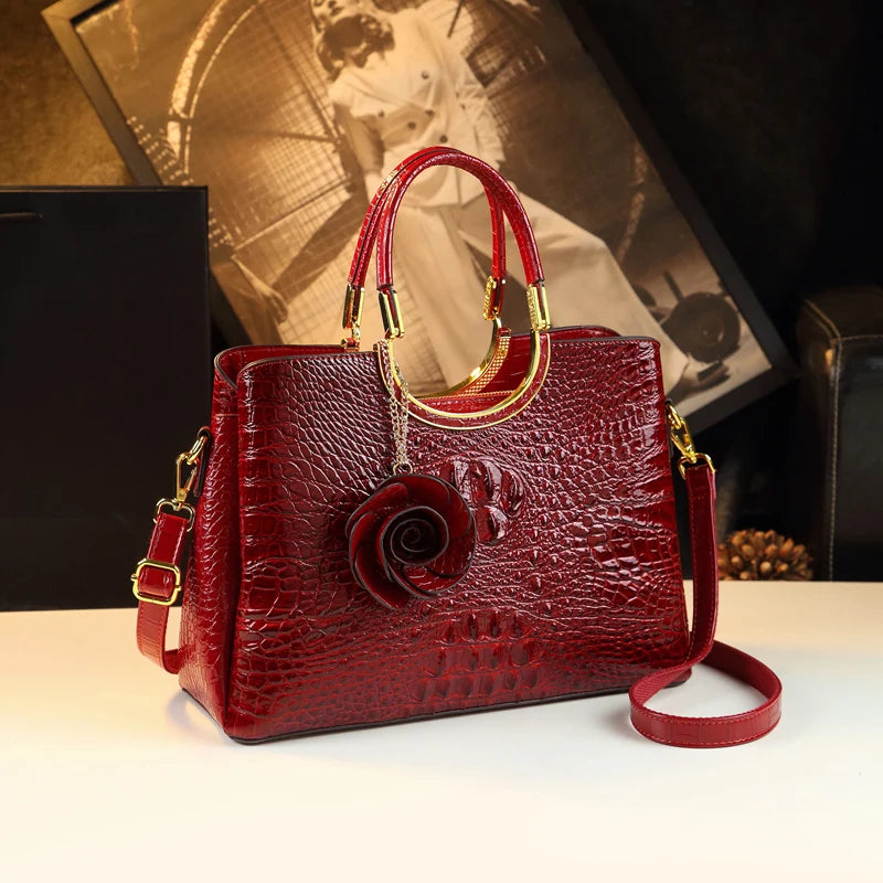 Women's Crocodile Pattern Genuine Leather Top-Handle Handbag with Floral Charm