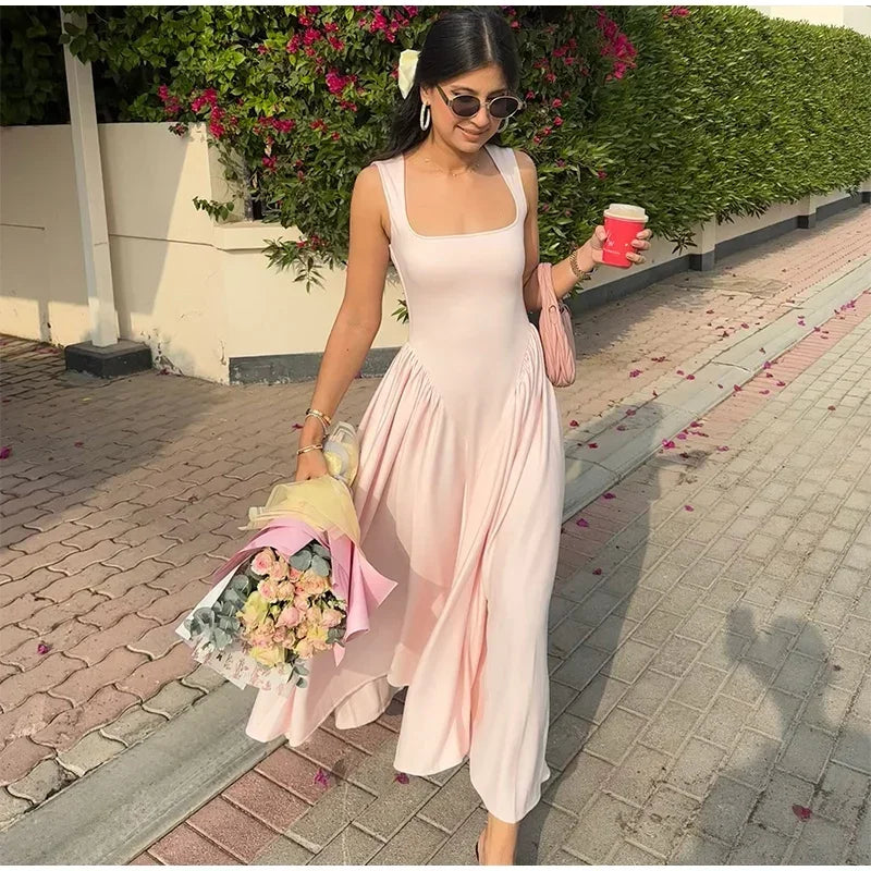 Elegant Square Neck Midi Dress For Women Elegant Solid Sleeveless High Waist Long Dress 2025 Summer Holiday Evening Vestidos