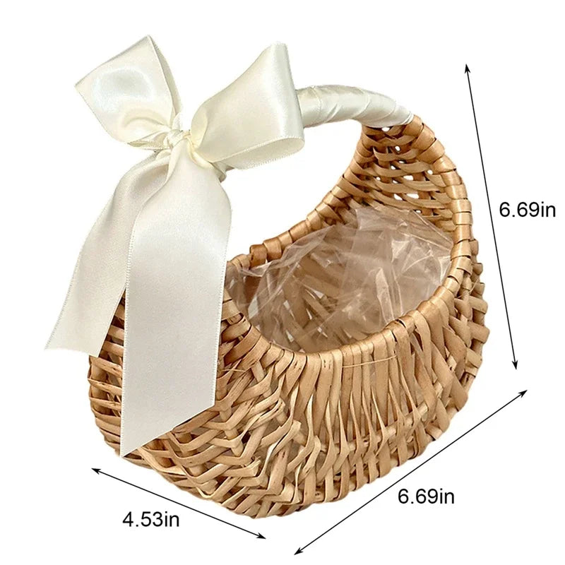 Handmade Woven Rattan Flower & Storage Basket with Ribbon Accent