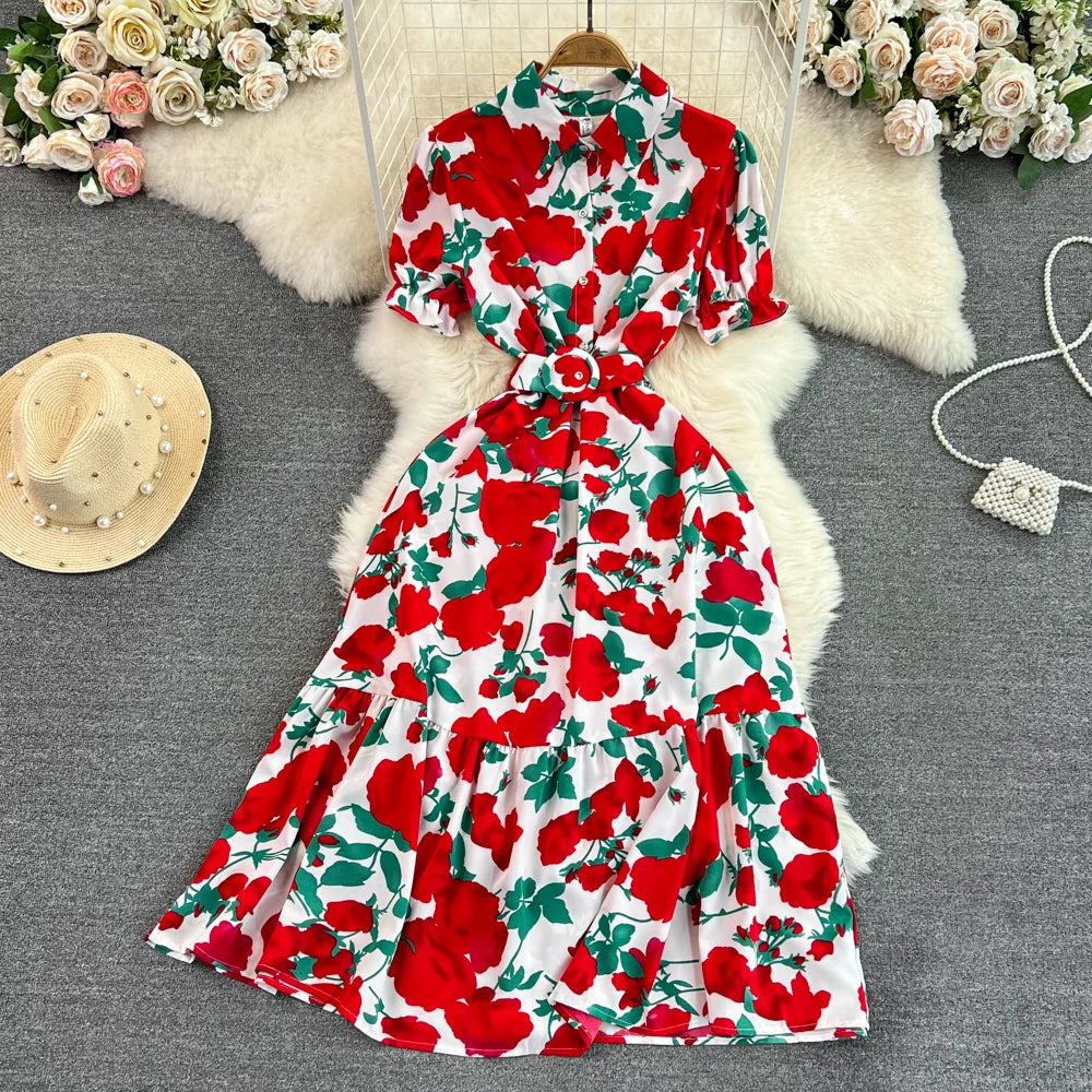 Retro Bubble Sve  Collar Slim Fit Midi Dr Floral Print ort Sve Women's Korean Sle Commute High Waist irt D...