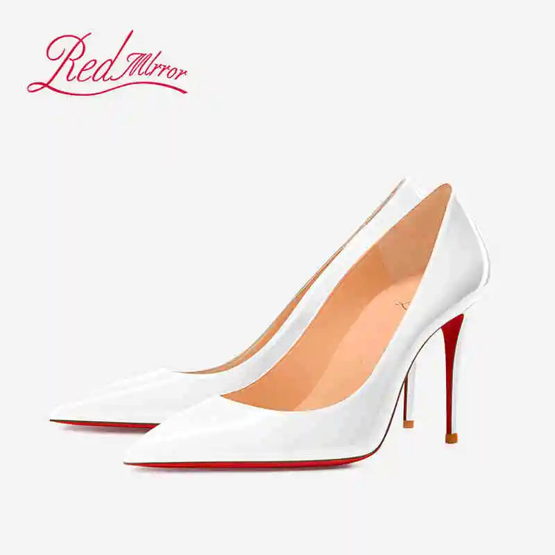 Women's Black Glossy Pointed-Toe Stiletto Pumps with Radiant Red Outsoles