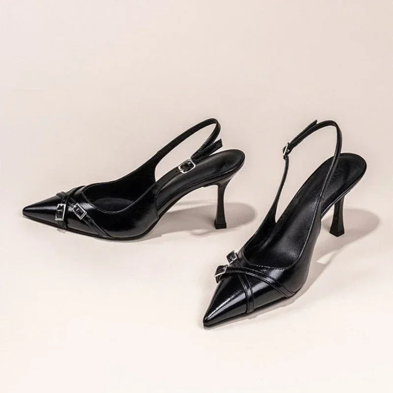 Women's Summer Pointed-Toe Black Stiletto Heels with Decorative Buckle