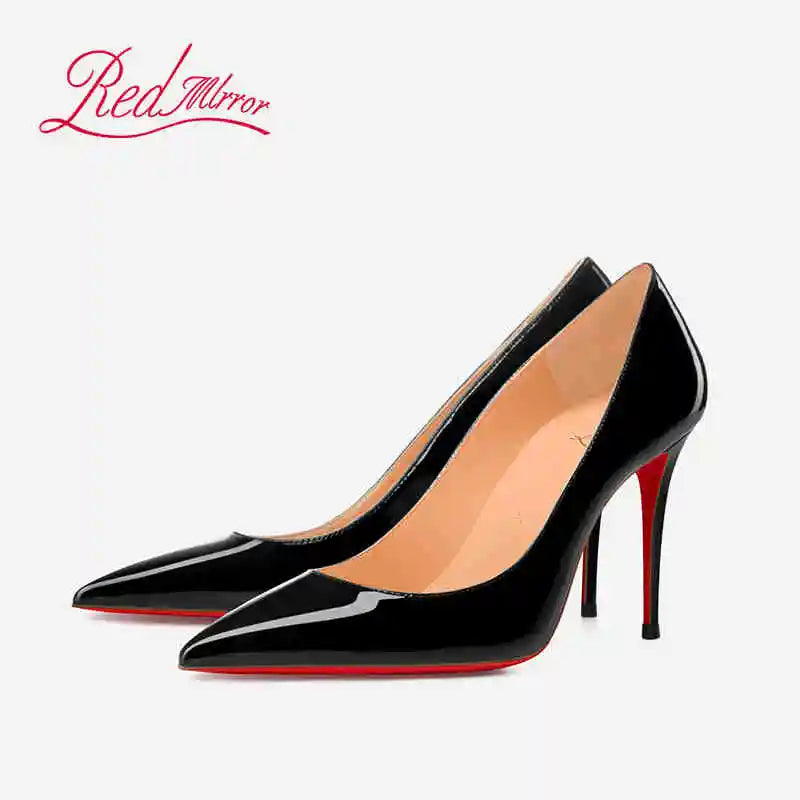 Women's Black Glossy Pointed-Toe Stiletto Pumps with Radiant Red Outsoles