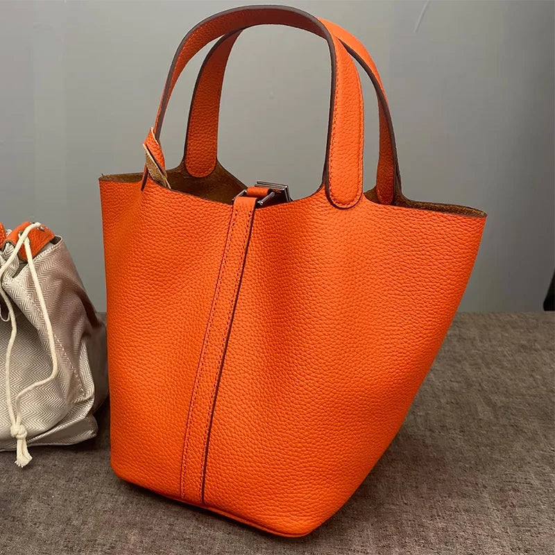 Women's Genuine Leather Designer Bucket Handbag (18cm / 22cm)